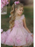 Pink Embroidered Lace Ombre Tulle Pompoms Flower Girl Dress Pink Embroidered Lace Ombre Tulle Pompoms Flower Girl Dress